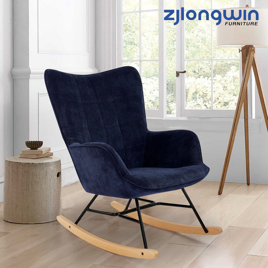 Fabric Upholstered Nursery Rocking Accent Chairs with High Backrest, Glider Rocker, Blue