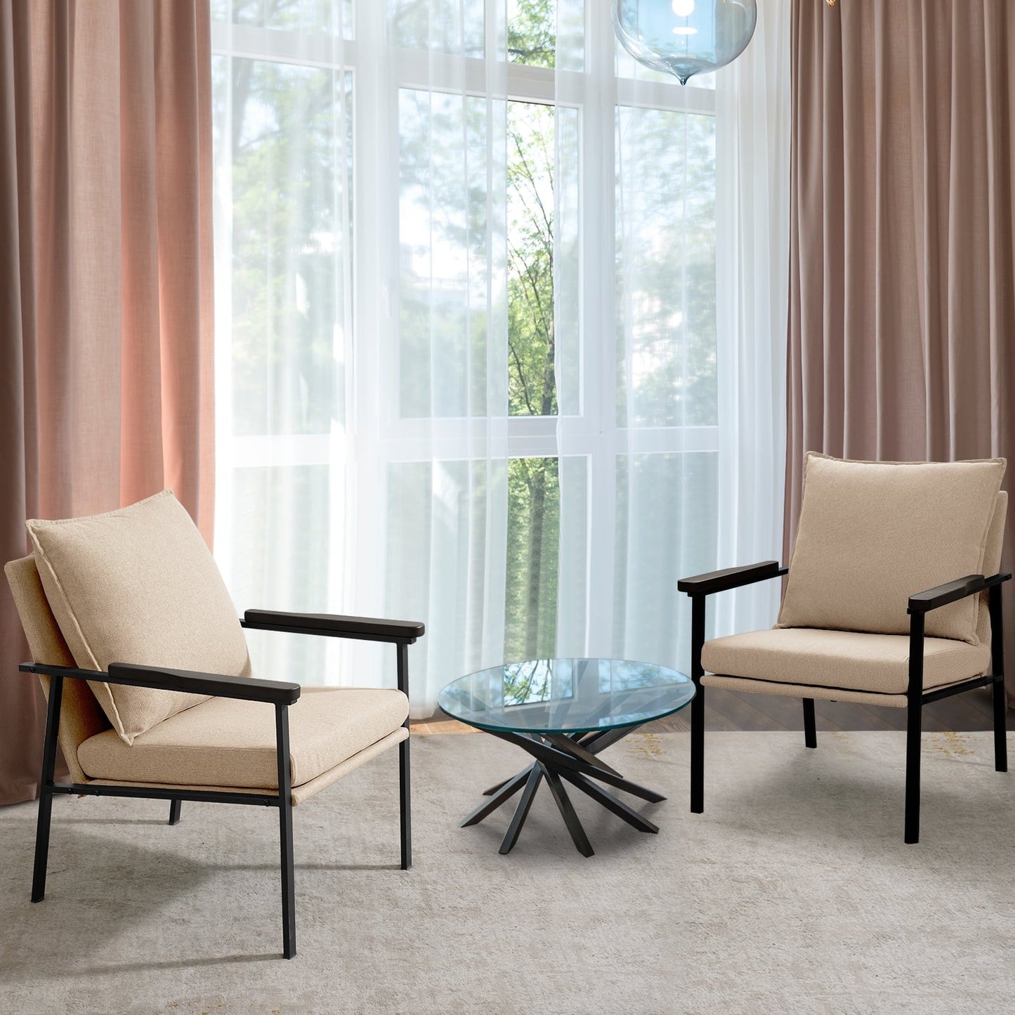 Fairyland Linen Fabric Modern Accent Chair with Metal Frame, Upholstered Club Chair, Clearance Arm Chair for Small Space and Office, Light Brown(Set of 2)