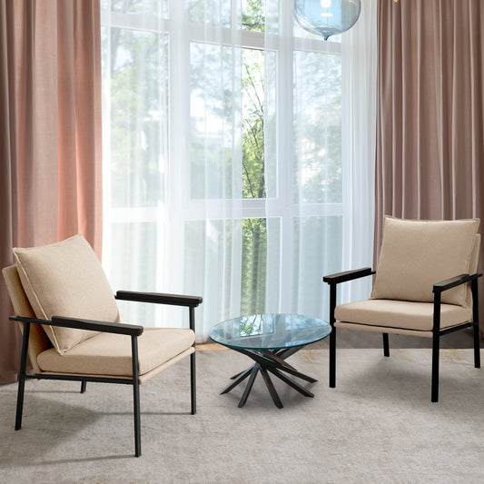 Fairyland Linen Fabric Modern Accent Chair with Metal Frame, Upholstered Club Chair, Clearance Arm Chair for Small Space and Office, Light Brown(Set of 2)