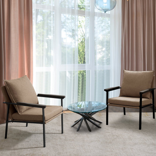 Fairyland Linen Fabric Modern Accent Chair with Metal Frame, Upholstered Club Chair, Clearance Arm Chair for Small Space and Office, Brown(Set of 2)