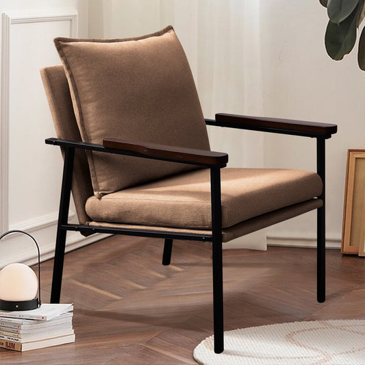 Fairyland Linen Fabric Modern Accent Chair with Metal Frame, Upholstered Club Chair, Clearance Arm Chair for Small Space and Office, Brown