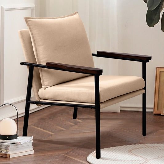 Fairyland Linen Fabric Modern Accent Chair with Metal Frame, Upholstered Club Chair, Clearance Arm Chair for Small Space and Office, Light Coffee