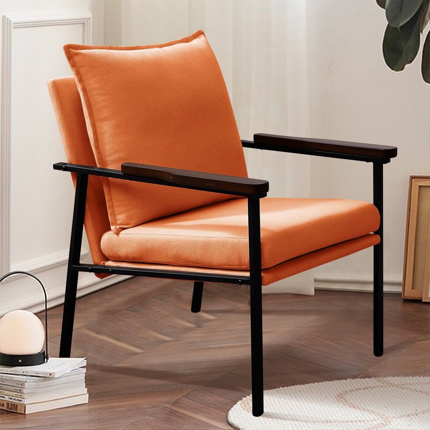 Fairyland Linen Fabric Modern Accent Chair with Metal Frame, Upholstered Club Chair, Clearance Arm Chair for Small Space and Office, Orange
