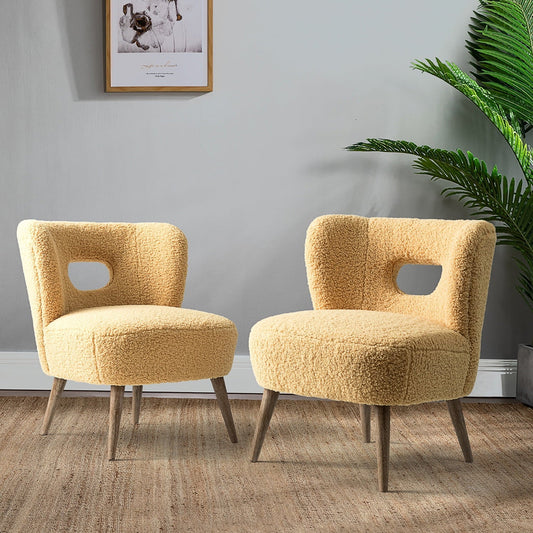 Fall Upholstered Sherpa Barrel Accent Chairs Set of 2 Cutout Back Armless Wooden Legs Home Bedroom Living Room Mustard