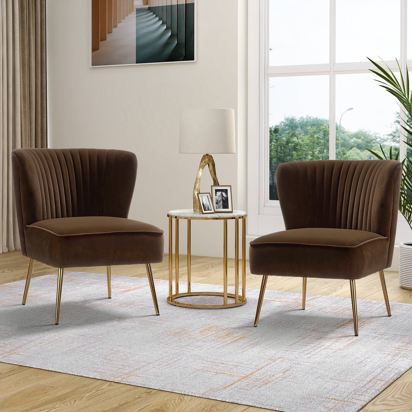 Fall Velvet Accent Chair Armless Side Chairs Set of 2 Gold Leg Home Bedroom Adult Brown