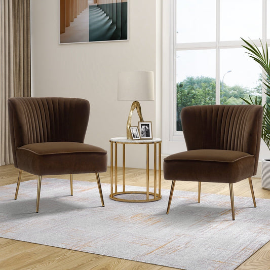 Fall Velvet Accent Chair Armless Side Chairs Set of 2 Gold Leg Home Bedroom Adult Brown