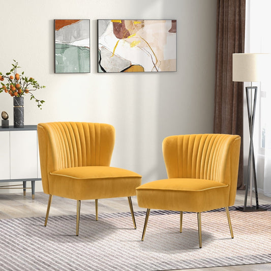Fall Velvet Accent Chair Armless Side Chairs Set of 2 Gold Leg Home Bedroom Adult Mustard