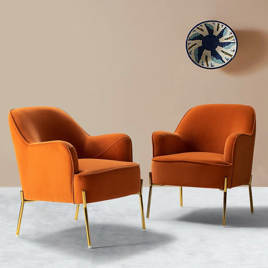 Fall Velvet Upholstered Accent Chairs Set of 2 Metal Legs Curved Backrest Armchairs Bedroom Adult Orange