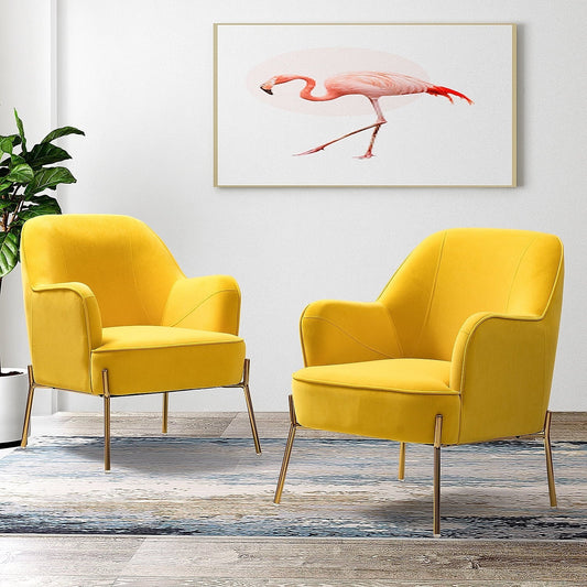 Fall Velvet Upholstered Accent Chairs Set of 2 Metal Legs Curved Backrest Armchairs Bedroom Adult Yellow