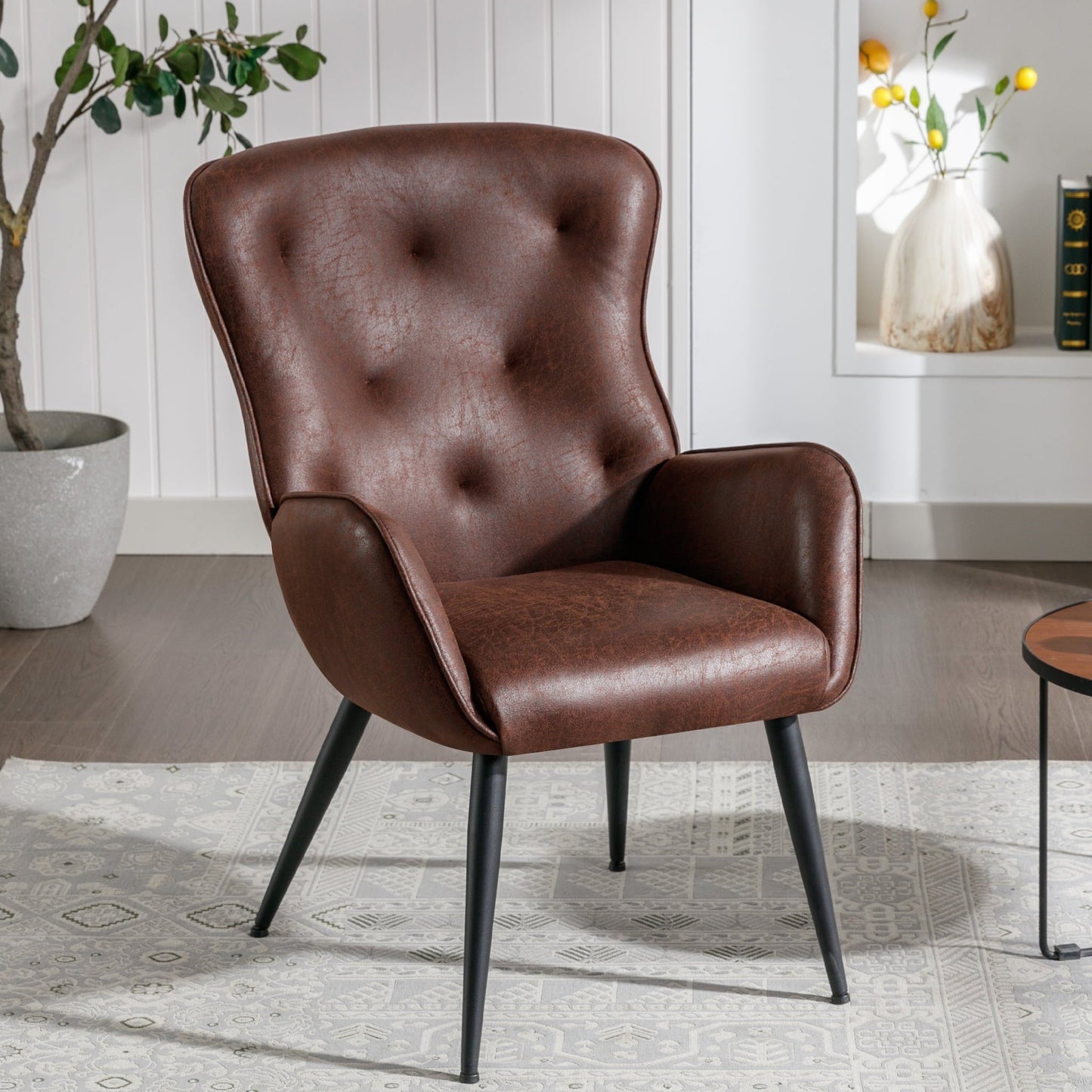 Faux Leather Accent Chair with High Back Design, Armchair with Metal Legs in Modern Style, Comfy Upholstered Wingback Chair for Living Room, Bedroom, and Office