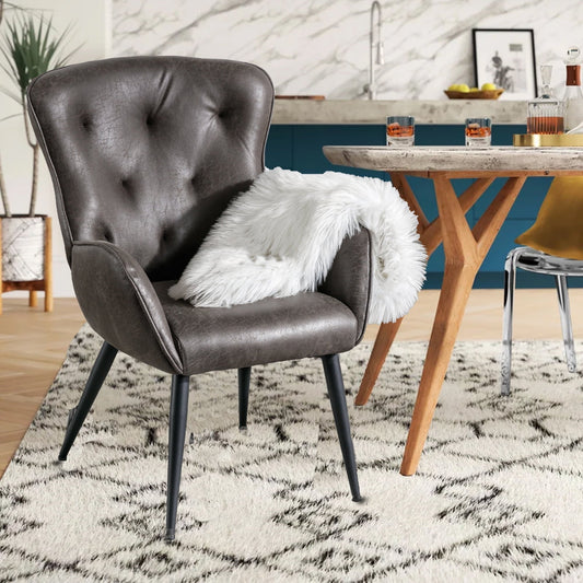 Faux Leather Accent Chair with High Back Design, Armchair with Metal Legs in Modern Style, Comfy Upholstered Wingback Chair for Living Room, Bedroom, and Office
