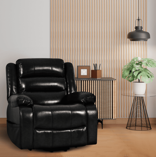 Faux Leather Power Lift Recliner Chair with Footrest, Reclining Chair with Remote Control, Premium Studded and Tufted Detailing, Side Pocket, Comfortable Power Lift Chair- Black