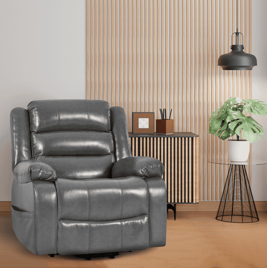 Faux Leather Power Lift Recliner Chair with Footrest, Reclining Chair with Remote Control, Premium Studded and Tufted Detailing, Side Pocket, Comfortable Power Lift Chair- Gray