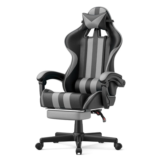 Ferghana Gaming Chair with Footrest, Computer Chair with Adjustable Massage Lumbar Pillow & Headrest, Ergonomic High Back Leather Game Desk Chair, Gray