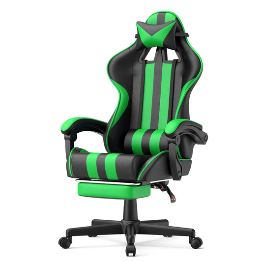 Ferghana Gaming Chair with Footrest, Computer Chair with Adjustable Massage Lumbar Pillow & Headrest, Ergonomic High Back Leather Game Desk Chair, Green