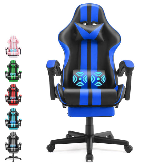 Ferghana Gaming Chair Office Chair with Footrest, Ergonomic Game Chair Hight Back with Massage Lumbar Pillow, Gamer Chairs for Adults Kids, Navy Blue