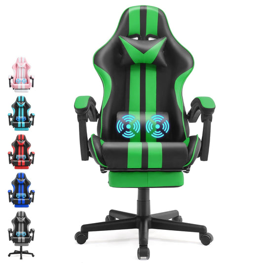 Ferghana Gaming Chair Office Chair with Footrest, Ergonomic Game Gamer Chair Hight Back with Massage Lumbar Pillow, Computer Chairs for Adults Kids, Green