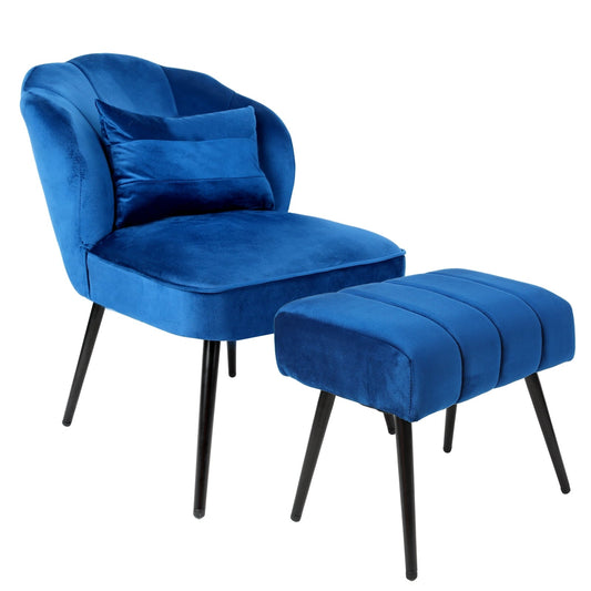 Fionafurn Velvet Accent Chair with Ottoman Set, Modern Wingback Chair, Blue