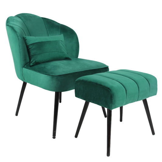 Fionafurn Velvet Accent Chair with Ottoman Set, Modern Wingback Chair, Green