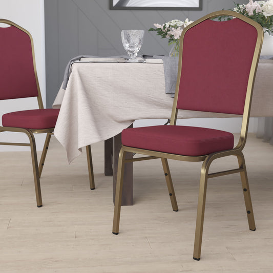 Flash Furniture HERCULES Series Crown Back Stacking Banquet Chair in Burgundy Fabric - Gold Frame