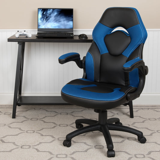 Flash Furniture X10 Gaming Chair Racing Office Ergonomic Computer PC Adjustable Swivel Chair with Flip-up Arms, Blue/Black LeatherSoft