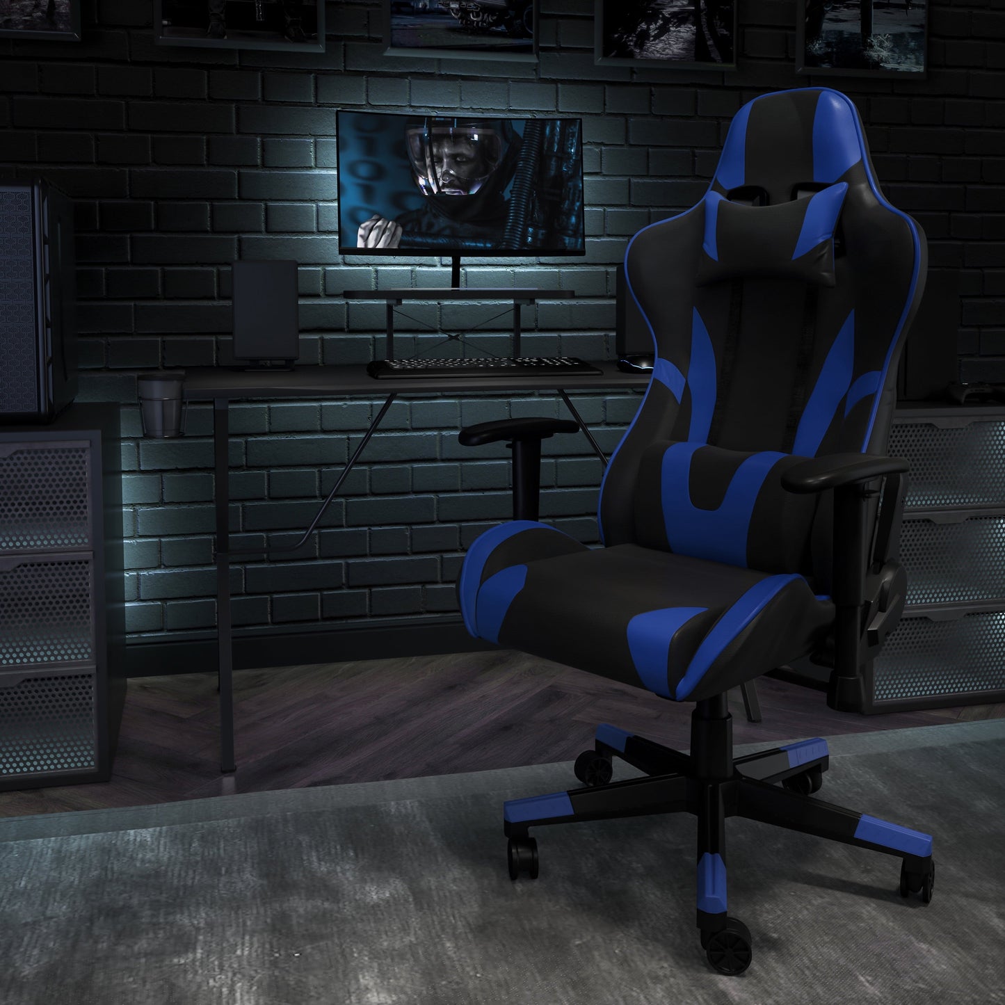 Flash Furniture X20 Gaming Chair Racing Office Ergonomic Computer PC Adjustable Swivel Chair with Reclining Back in Blue LeatherSoft