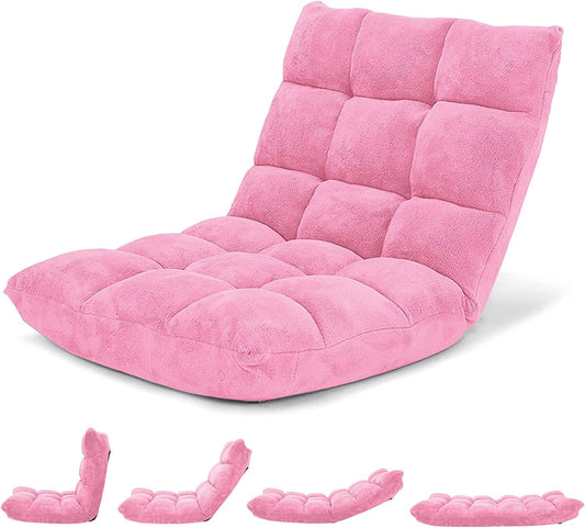 Floor Chair with Back Support, Folding Sofa Chair with 14 Adjustable Position, Padded Sleeper Bed, Couch Recliner, Floor Gaming Chair, Meditation Chair, Gaming Floor Chairs for Adults, Pink