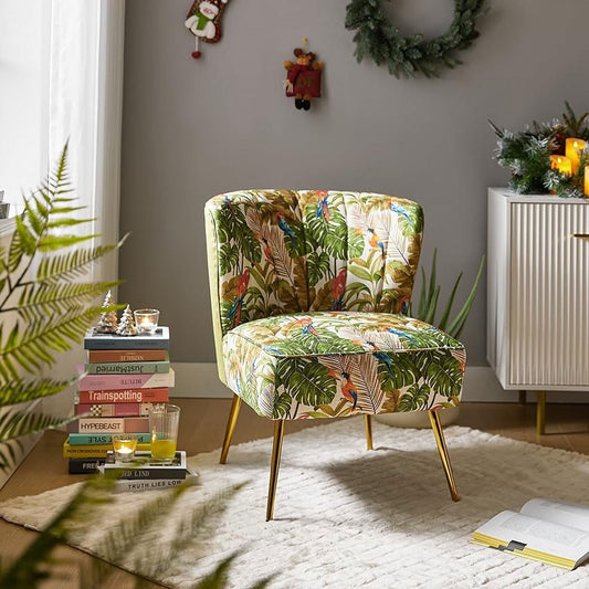 Floral Accent Chair Upholstered Tufted Wingback Armless Sofa Golden Legs Dining Living Room Parrot Forest Pattern Green