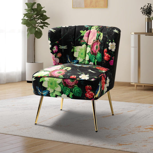 Floral Accent Chair Upholstered Wingback Sofa Tufted Back Golden Legs Flower Butterfly Dining Home Living Room Bedroom Black