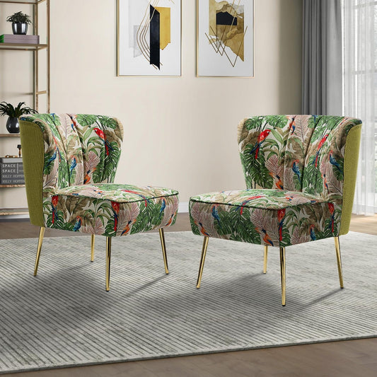Floral Accent Slipper Chair Set of 2 Upholstered Dining Chairs Armless Sofa Golden Legs Home Living Room Bedroom Parrot Forest Pattern Green
