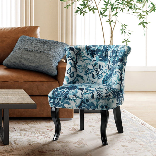 Floral Fabric Accent Chair Upholstered Makeup Vanity Table Button Single Sofa Wooden Legs Dining Bedroom Indigo