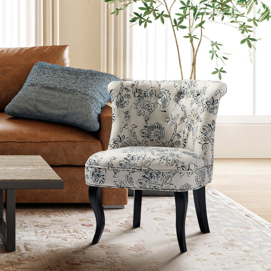 Floral Fabric Accent Chair Upholstered Makeup Vanity Table Button Single Sofa Wooden Legs Dining Bedroom Navy
