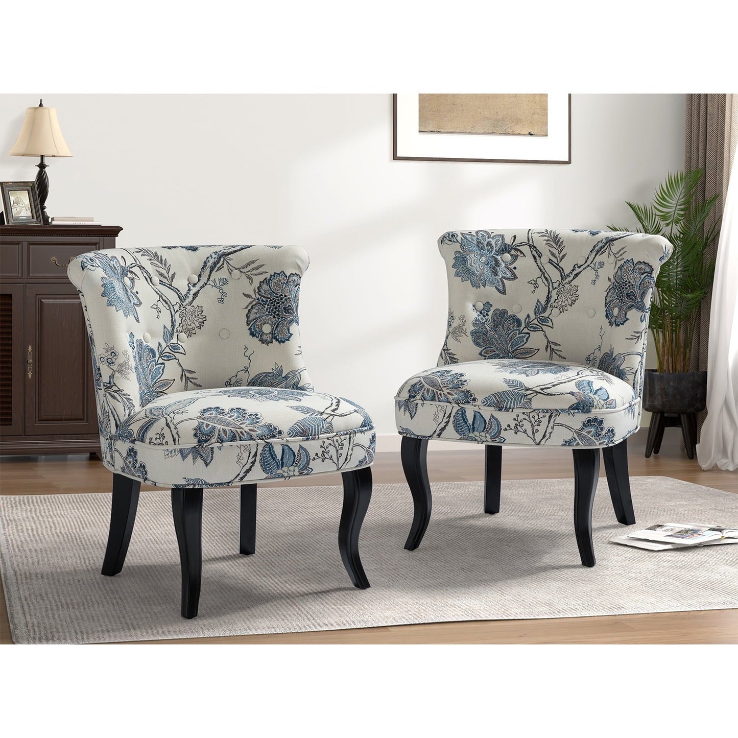 Floral Fabric Accent Chairs Set of 2 Upholstered Makeup Vanity Table Button Single Sofa Wooden Legs Dining Bedroom Blue
