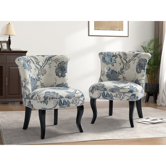Floral Fabric Accent Chairs Set of 2 Upholstered Makeup Vanity Table Button Single Sofa Wooden Legs Dining Bedroom Blue