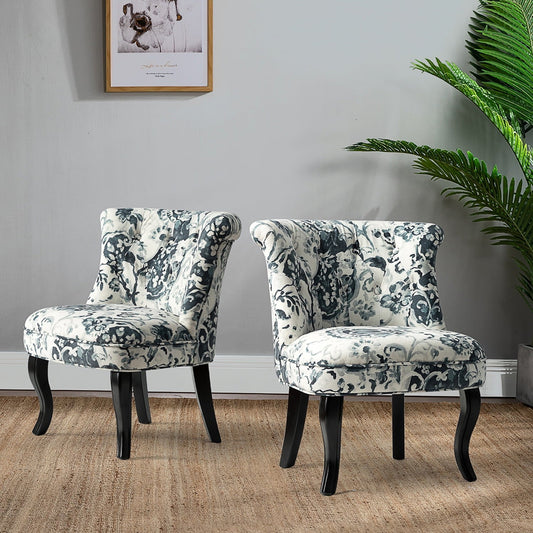 Floral Fabric Accent Chairs Set of 2 Upholstered Makeup Vanity Table Button Single Sofa Wooden Legs Dining Bedroom Green