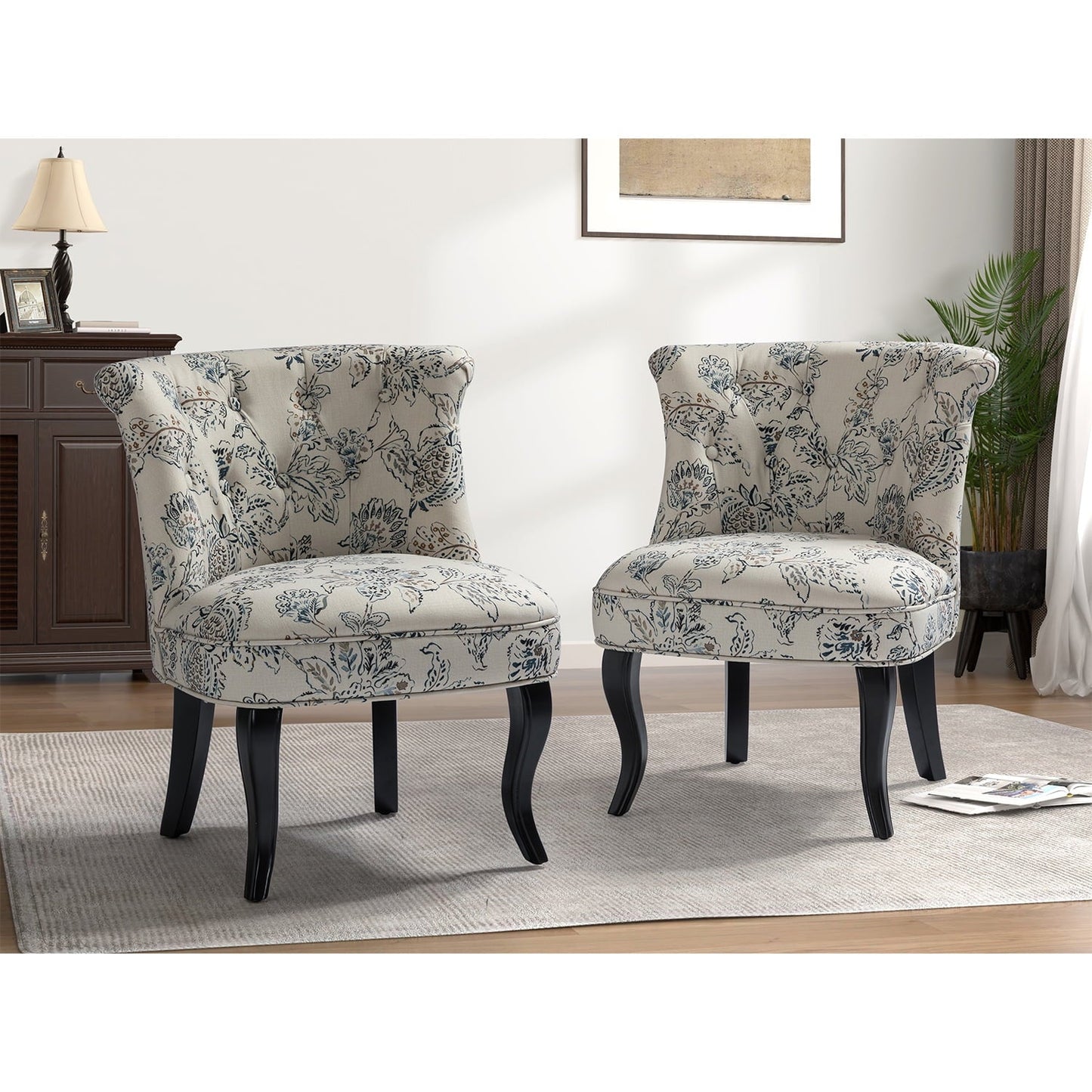 Floral Fabric Accent Chairs Set of 2 Upholstered Makeup Vanity Table Button Single Sofa Wooden Legs Dining Bedroom Navy