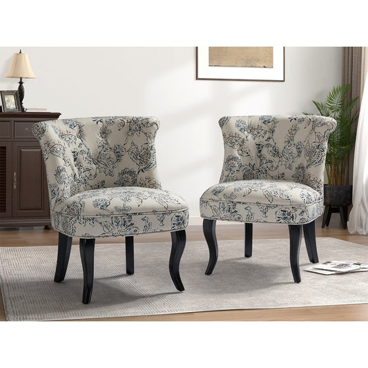 Floral Fabric Accent Chairs Set of 2 Upholstered Makeup Vanity Table Button Single Sofa Wooden Legs Dining Bedroom Navy