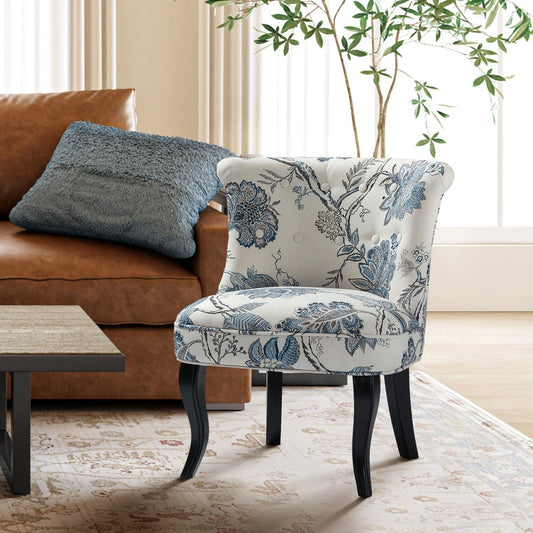 Floral Fabric Accent Chairs Upholstered Makeup Vanity Table Button Single Sofa Wooden Legs Dining Bedroom Blue