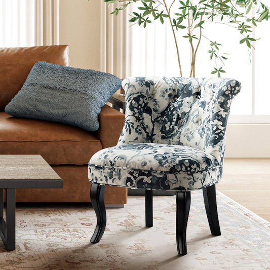Floral Fabric Accent Chairs Upholstered Makeup Vanity Table Button Single Sofa Wooden Legs Dining Bedroom Green
