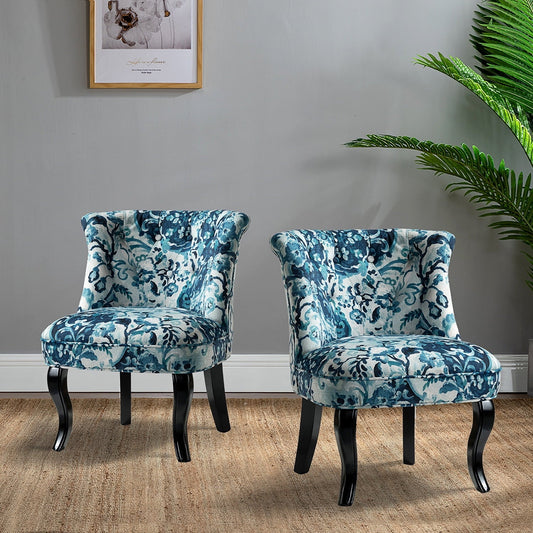 Floral Fabric Accent Chairs Upholstered Makeup Vanity Table Button Single Sofa Wooden Legs Dining Bedroom Indigo