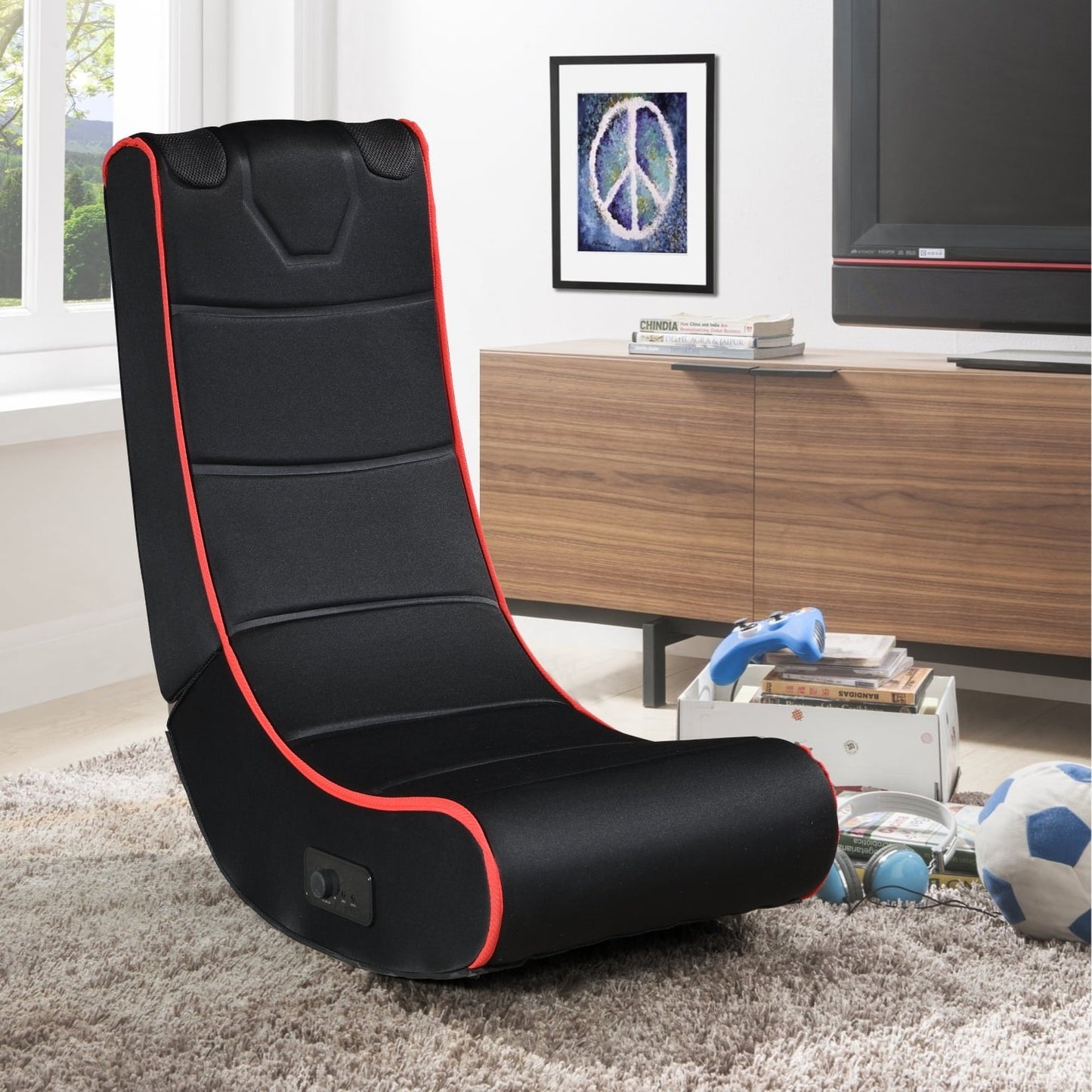 Foldable Black+Red Gaming Chair with Onboard Dual 3' Speakers - Polyester Cover, Foam Padded, Bluetooth & 3.5mm Ports, Compatible with Gaming Consoles & Mobile Devices, Battery-Powered
