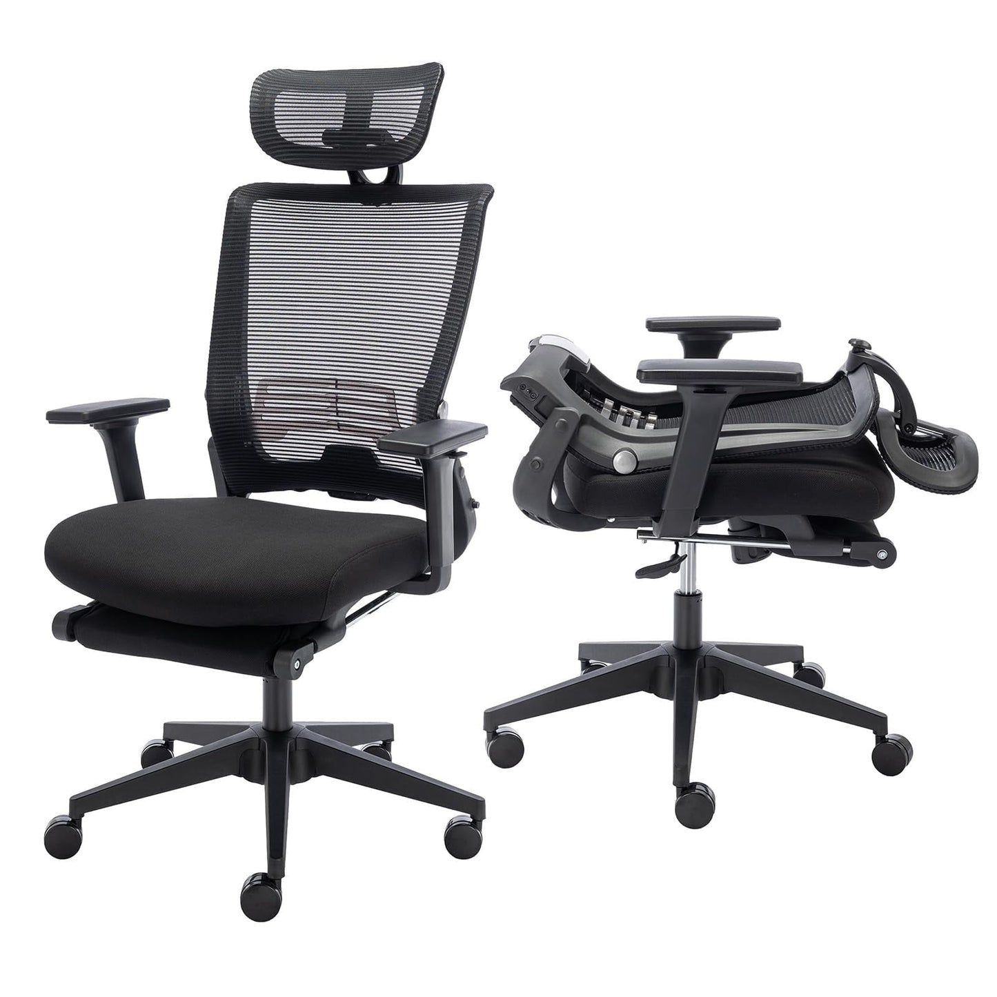 Foldable Ergonomic Office Chair with Footrest, High Back Computer Chair with 2D Headrest, Mesh Backrest, Foam Seat, Adjustable Lumbar Support, 2D Armrests, Comfortable Thickly Padded High Back Swivel
