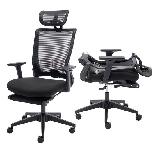 Foldable Ergonomic Office Chair with Footrest, High Back Computer Chair with 2D Headrest, Mesh Backrest, Foam Seat, Adjustable Lumbar Support, 2D Armrests, Comfortable Thickly Padded High Back Swivel