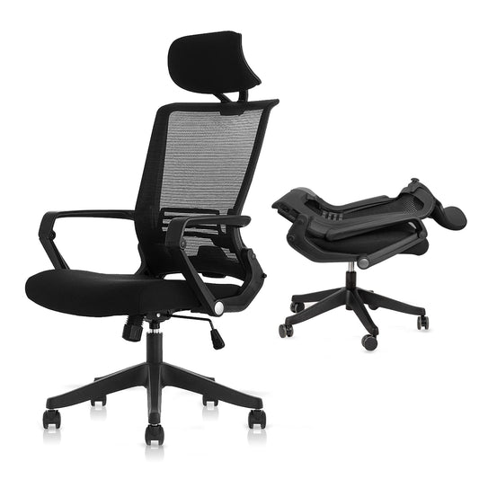 Foldable Ergonomic Office Chair, High Back Computer Office Chair with Adjustable Lumbar Support, Fixed Armrests and Headrest, Easy to Assemble, Black-fixed Armrest