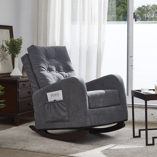 Folding Accent Chair with Pocket, Modern High Back Armchair for Kids and Adults, Fabric Leisure Recliner with High Back, Reading Rocking Chair with Wooden Legs for Living Room, Antique Gray