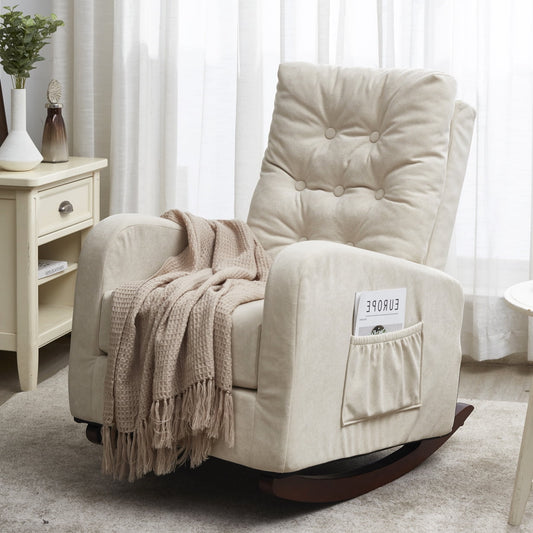 Folding Accent Chair with Pocket, Modern High Back Armchair for Kids and Adults, Fabric Leisure Recliner with High Back, Reading Rocking Chair with Wooden Legs for Living Room, Beige