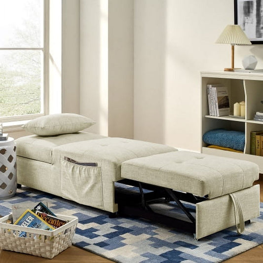 Folding Ottoman Sleeper Sofa Bed, 4 in 1 Function, Work as Ottoman, Chair ,Sofa Bed and Chaise Lounge for Small Space Living, Beige (44' x 26' x 33' H)