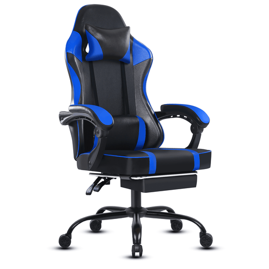Full Metal Leg Gaming Chair with Footrest, PU Leather Video Game Chairs for Adults, Reclining Gamer Chair Office Chair with Lumbar Support, Comfortable Computer Chair for Heavy People, Blue