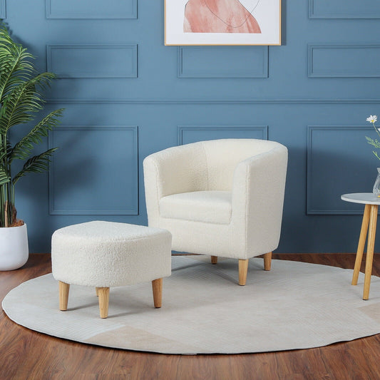 Funkeen Sherpa Accent Chair White Teddy Fabric Upholstered Comfy Single Sofa W/ Ottoman For Living Room