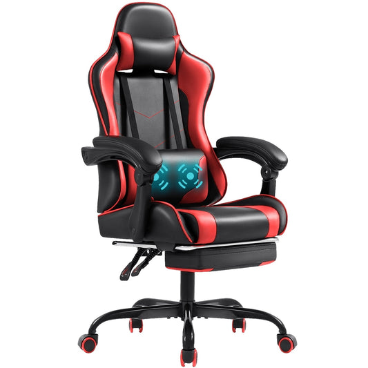 Furmax High Back Massage Gaming Chair with Footrest PU Leather Racing Computer Chair with Lumbar Support Ergonomic Office Chairs, Red